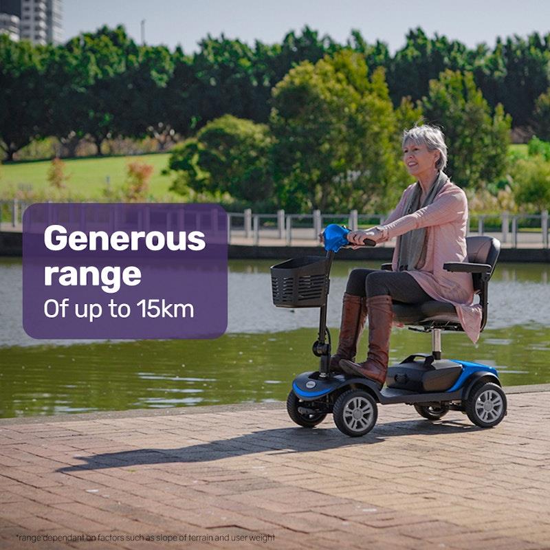 Load image into Gallery viewer, Equipmed Freeroam+ Mid-Sized Foldable Electric Lithium Mobility Scooter Blue

