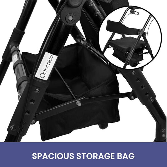 Orthonica Foldable Mobility Steel Rollator Walker 136kg Max Capacity Black