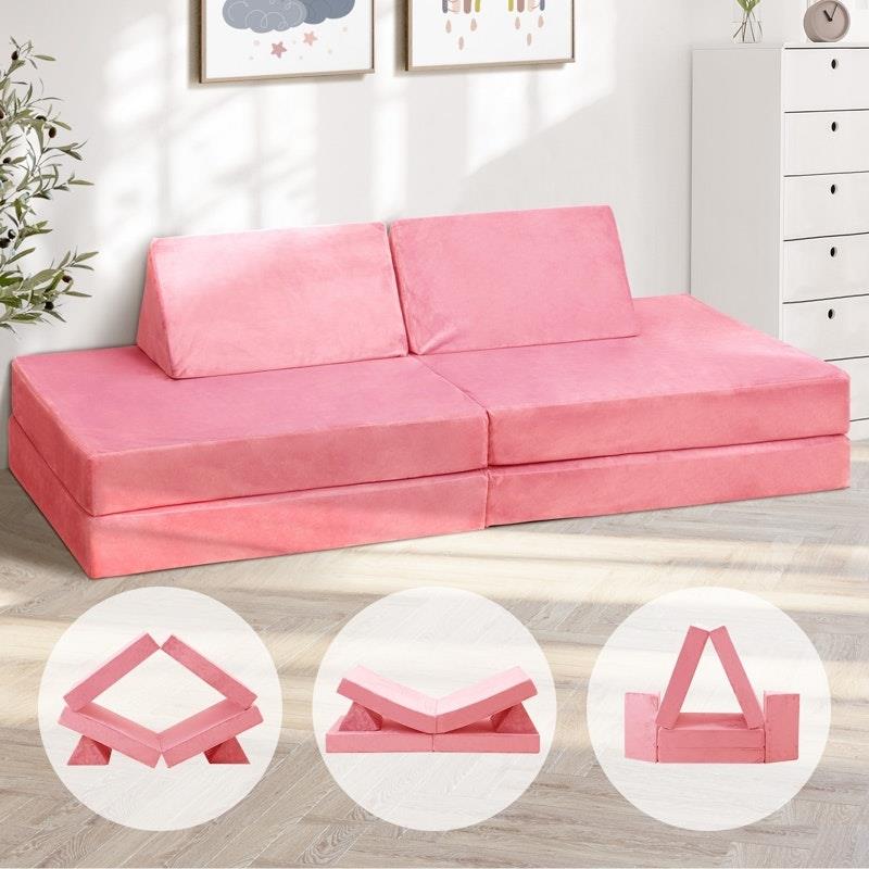 Load image into Gallery viewer, Oikiture 4 Pieces Kids Play Couch Modular Lounge Cushion Convertible Playset Pink
