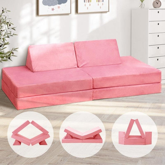 Oikiture 4 Pieces Kids Play Couch Modular Lounge Cushion Convertible Playset Pink