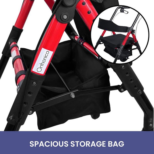 Orthonica Foldable Mobility Steel Rollator Walker 136kg Max Capacity Red