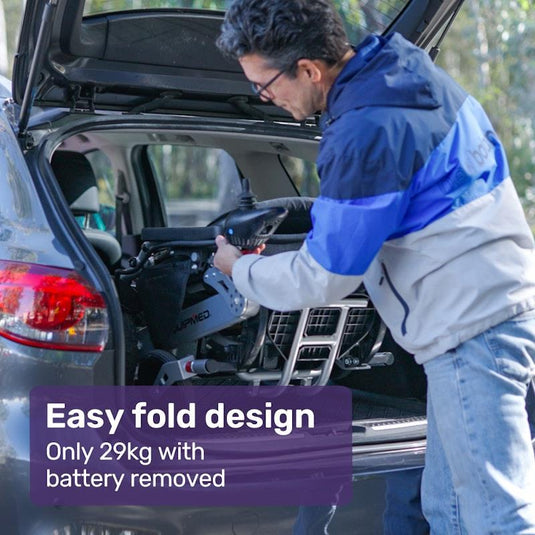 Equipmed Power Electric Wheelchair, Folding, Airline Approved, ARTG Certified, Recline Adjustment, Headrest, Aluminium Frame, Lithium Battery Grey