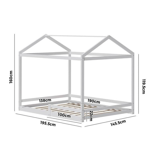Oikiture Kids Wooden Bed Frame Timber House Beds Base with Fence Double White