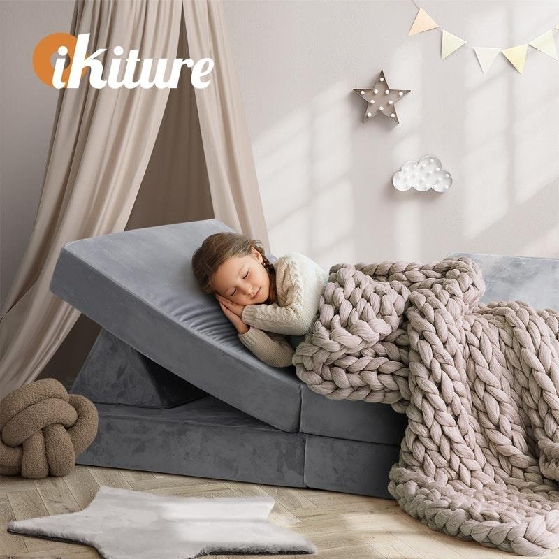 Load image into Gallery viewer, Oikiture 4 Pieces Kids Sofa Play Couch Modular Lounge Cushion Convertible Playset Grey
