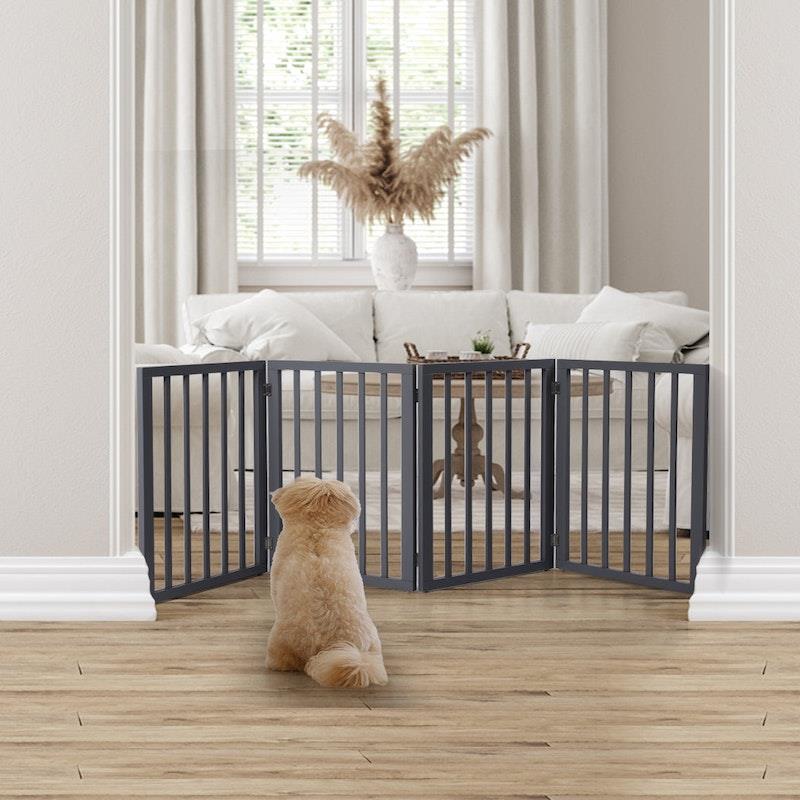 Load image into Gallery viewer, PaWz Wooden Pet Gate Dog Fence Retractable Barrier Portable Door 4 Panel Grey
