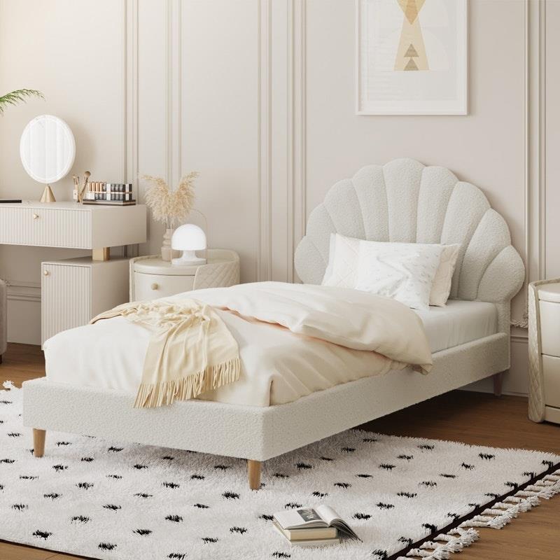 Load image into Gallery viewer, Oikiture Bed Frame Single Size Scallop-Shape Bedhead Boucle White
