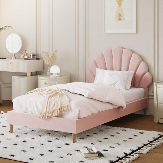 Oikiture Bed Frame Single Size Scallop-Shape Bedhead Velvet Pink