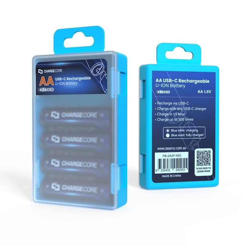 Load image into Gallery viewer, Laser USB-C Rechargeable AA Battery 4-Pack Blue
