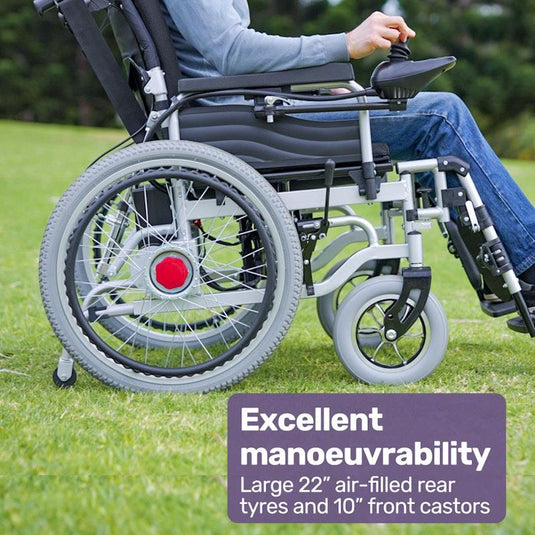 Equipmed Power Electric Wheelchair, XL Wide Bariatric Chair Seat, Long Range, Airline Approved, Recline Adjustment, Lithium Battery, 22" Wheels, Headrest Black