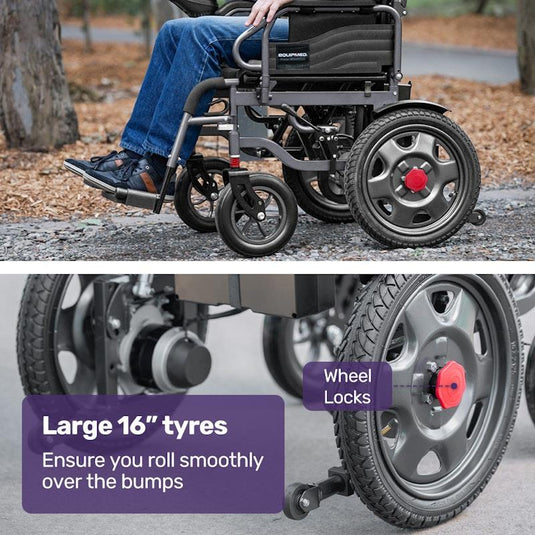 Equipmed Electric Folding Wheelchair, Wide Bariatric Chair Seat, Comfortable for S-XL, Long Range, Lithium Battery Black