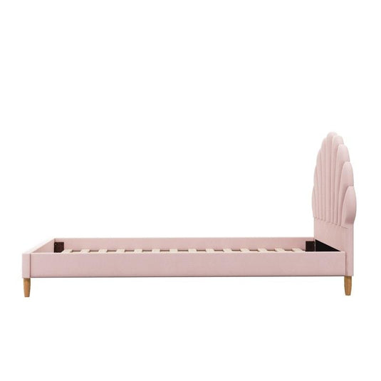 Oikiture Bed Frame Single Size Scallop-Shape Bedhead Velvet Pink