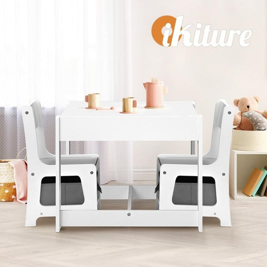 Oikiture Kids Table and Chairs Set Activity Play Study Desk w/ Toys Storage Box White & Grey