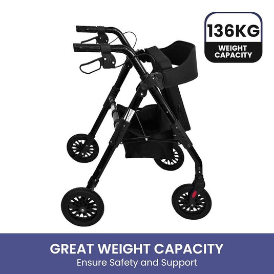 Orthonica Foldable Mobility Steel Rollator Walker 136kg Max Capacity Black