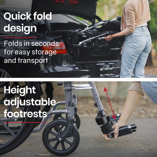 Equipmed 24 Inch Folding Wheelchair with Park Brakes Grey