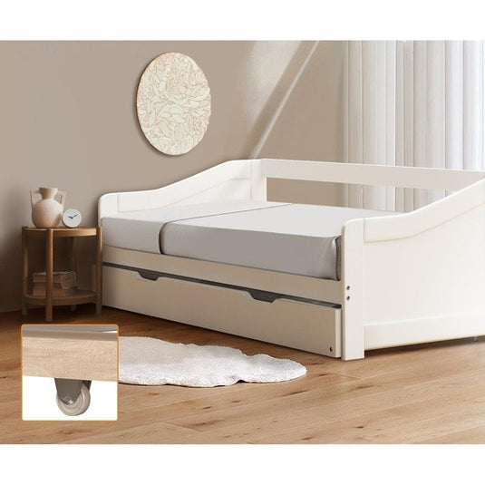 Oikiture Trundle Bed Frame Daybed Single Size Base Timber Wooden Single Beds x2 White