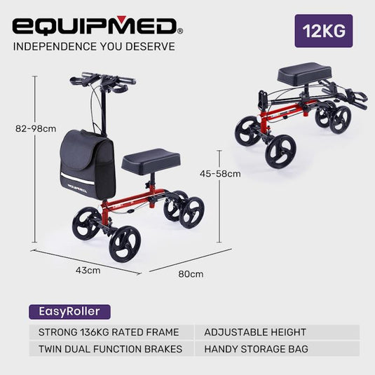 Equipmed Knee Scooter Walker With Dual Brakes & Bag Red