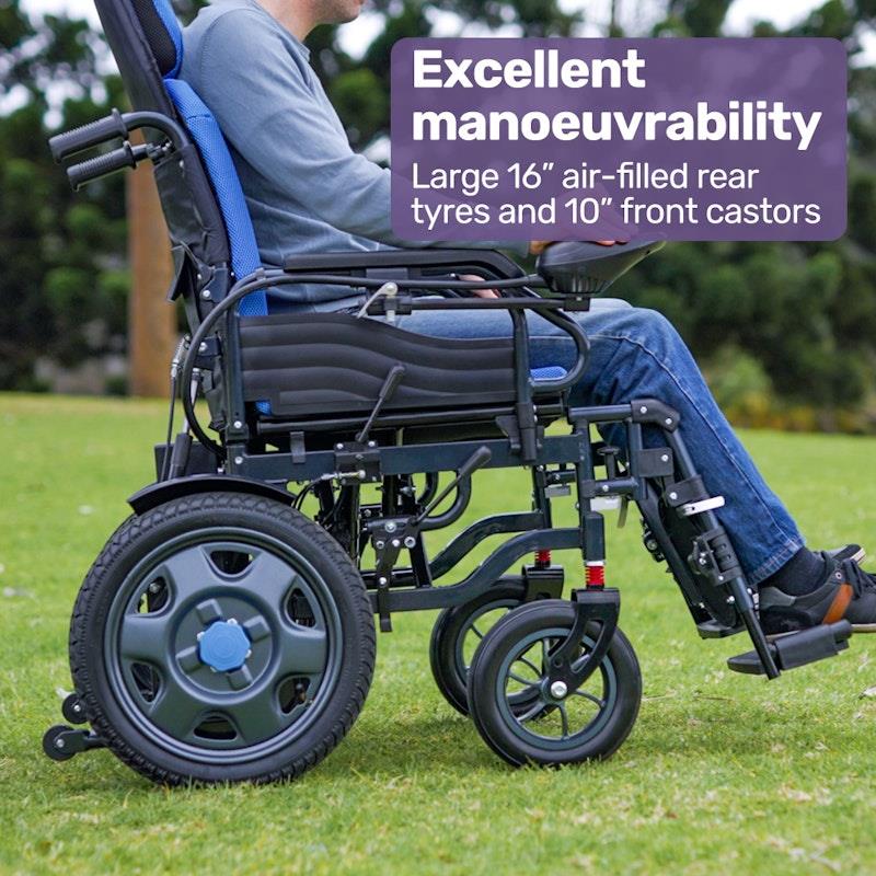 Load image into Gallery viewer, Equipmed Power Electric Wheelchair Longrange For S-XL 16" Wheels Black &amp; Blue
