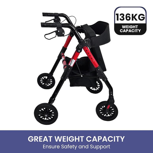 Orthonica Foldable Mobility Steel Rollator Walker 136kg Max Capacity Red